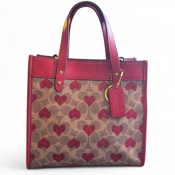 Coach Rogue 25 Tote Heart Print Signature Canvas Red Leather Trim - Picture 14 of 14
